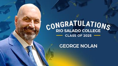 A congratulatory graphic for Rio Salado College’s Class of 2025 features graduate George Nolan. He is dressed in a sharp blue suit with a patterned tie, smiling confidently against a backdrop of flying graduation caps. The text reads: “Congratulations Rio Salado College Class of 2025 – George Nolan.”