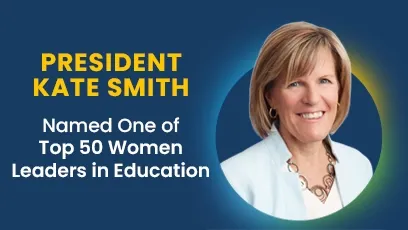 A promotional graphic announces that Rio Salado College President Kate Smith has been named one of the Top 50 Women Leaders in Education. Kate Smith, smiling and wearing a light blue blazer, is pictured against a dark blue background with a subtle circular gradient. White and yellow text reads: “President Kate Smith Named One of Top 50 Women Leaders in Education.”