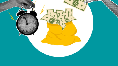 A hand holds up an alarm clock over a bag of cash while another hand takes money out of it