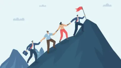 A group of people in business clothes holding hands as they climb a mountain while their leader plants a flag on the summit