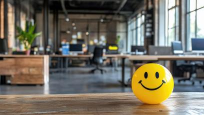 A smiley face ball on a desk in an office