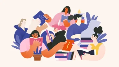 Illustration of a diverse group of people reading books in a relaxed, collaborative setting, surrounded by stacked books and plants, representing learning and community engagement.