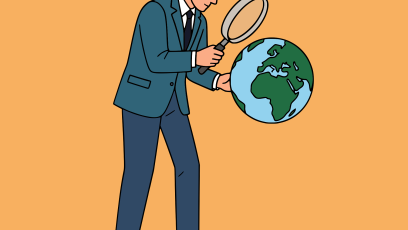 Man in a suit and tie holding up a magnifying glass while examining the Earth