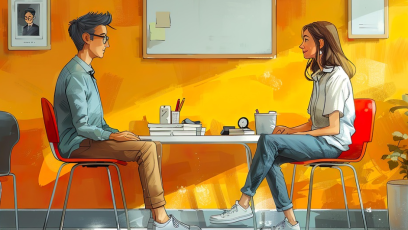 Two people sitting at a table in a coffee shop