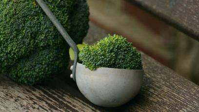 A metal scoop holding a broccoli floret