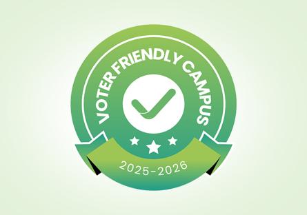 Green and white badge with a checkmark in the center, surrounded by the words "Voter Friendly Campus." Below the checkmark are three stars, and a ribbon at the bottom displays the years "2025–2026." The design has a circular, layered look with a gradient background.