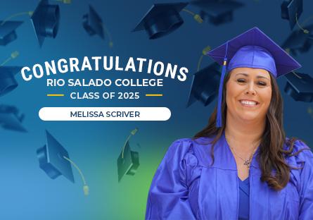 Melissa Scriver, wearing a royal blue graduation cap and gown, smiles in front of a background filled with floating graduation caps. Text above her reads, “Congratulations Rio Salado College Class of 2025” with her name, “Melissa Scriver,” displayed in a white button-style box below.