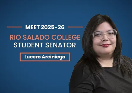 A promotional graphic introducing Lucero Arciniega as the 2025–26 Rio Salado College Student Senator. Lucero, wearing glasses and a black top, is pictured against a blue background. White and orange text reads: “Meet 2025–26 Rio Salado College Student Senator – Lucero Arciniega.”