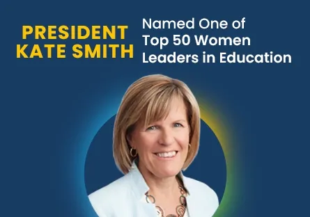 A promotional graphic announces that Rio Salado College President Kate Smith has been named one of the Top 50 Women Leaders in Education. Kate Smith, smiling and wearing a light blue blazer, is pictured against a dark blue background with a subtle circular gradient. White and yellow text reads: “President Kate Smith Named One of Top 50 Women Leaders in Education.”