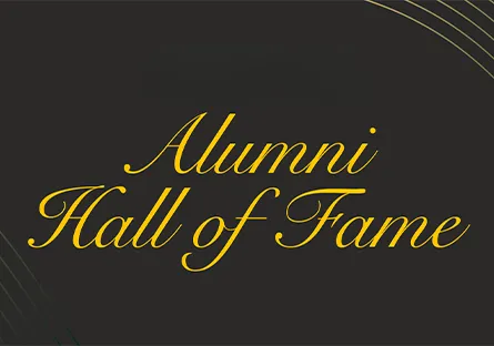 Graphic for Rio Salado College’s Alumni Hall of Fame, featuring elegant gold script on a dark background with curved gold lines. The Rio Salado College and Maricopa Community College logos appear at the top.