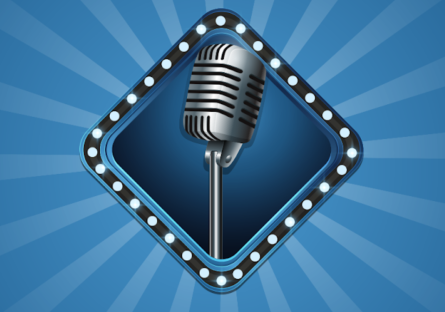 A microphone in front of a blue diamond shape