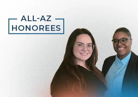 Marielena Aguirre Foster and Goldie Pompey-Johnson smiling, one with long dark hair and glasses and the other wearing glasses and a blazer, with text reading “All-AZ Honorees.”