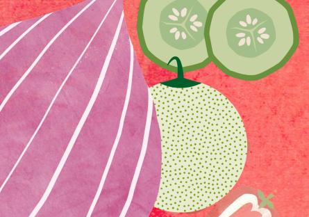 Cartoon image of an onion, cucumbers, and a lychee