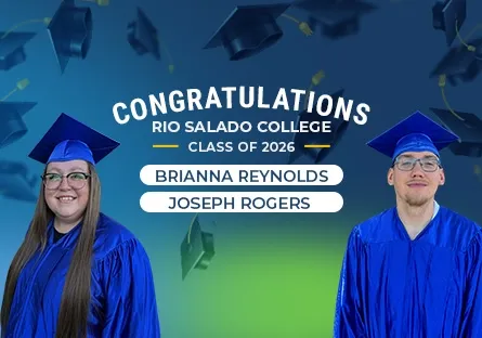Portraits of Brianna Reynolds and Joseph Rogers wearing blue graduation caps and gowns, with text reading “Congratulations Rio Salado College Class of 2026.”