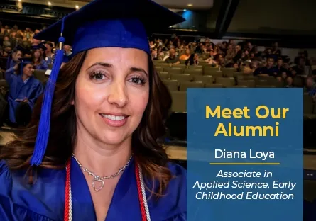 Rio Salado College alumna Diana Loya smiles while wearing a blue graduation cap and gown with honor cords at a commencement ceremony. Graduates and audience members are visible in the background. A blue overlay reads, "Meet Our Alumni, Diana Loya, Associate in Applied Science, Early Childhood Education."