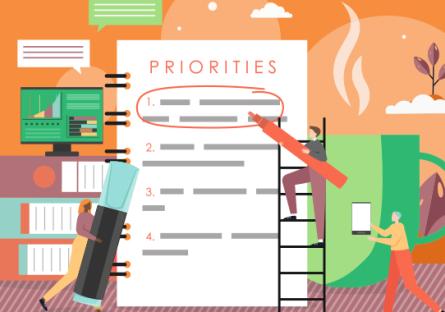 tiny people identifying priority tasks on a giant list